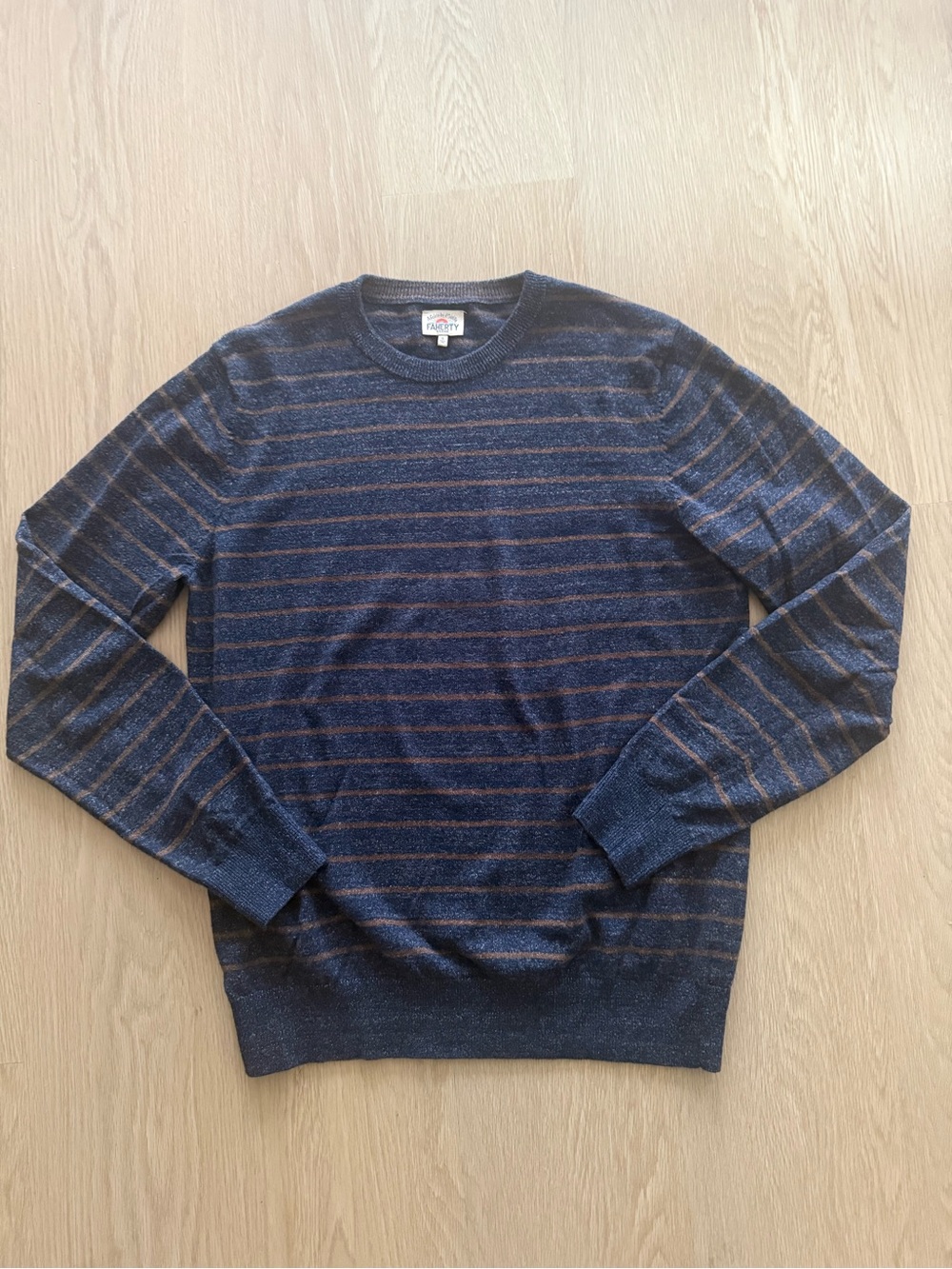 Faherty Blue Crewneck Sweater with Brown Stripes